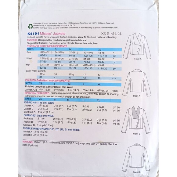 KWIK SEW K4191 Misses Jacket Size XS S M L XL Sewing Pattern - Picture 3 of 3